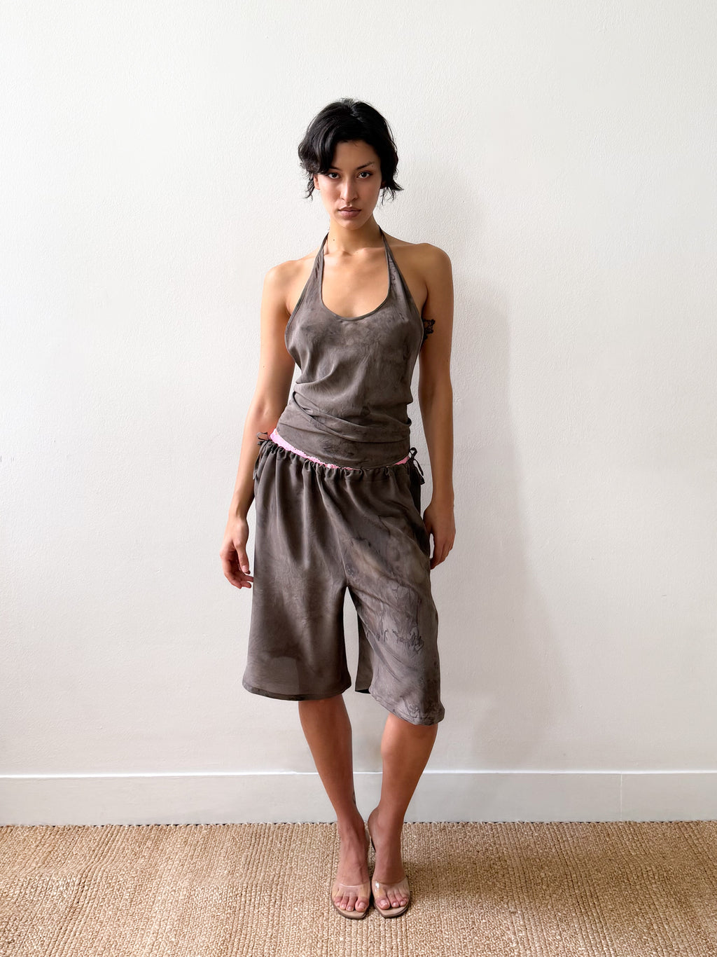 LINA TOP SILK GREY/BROWN